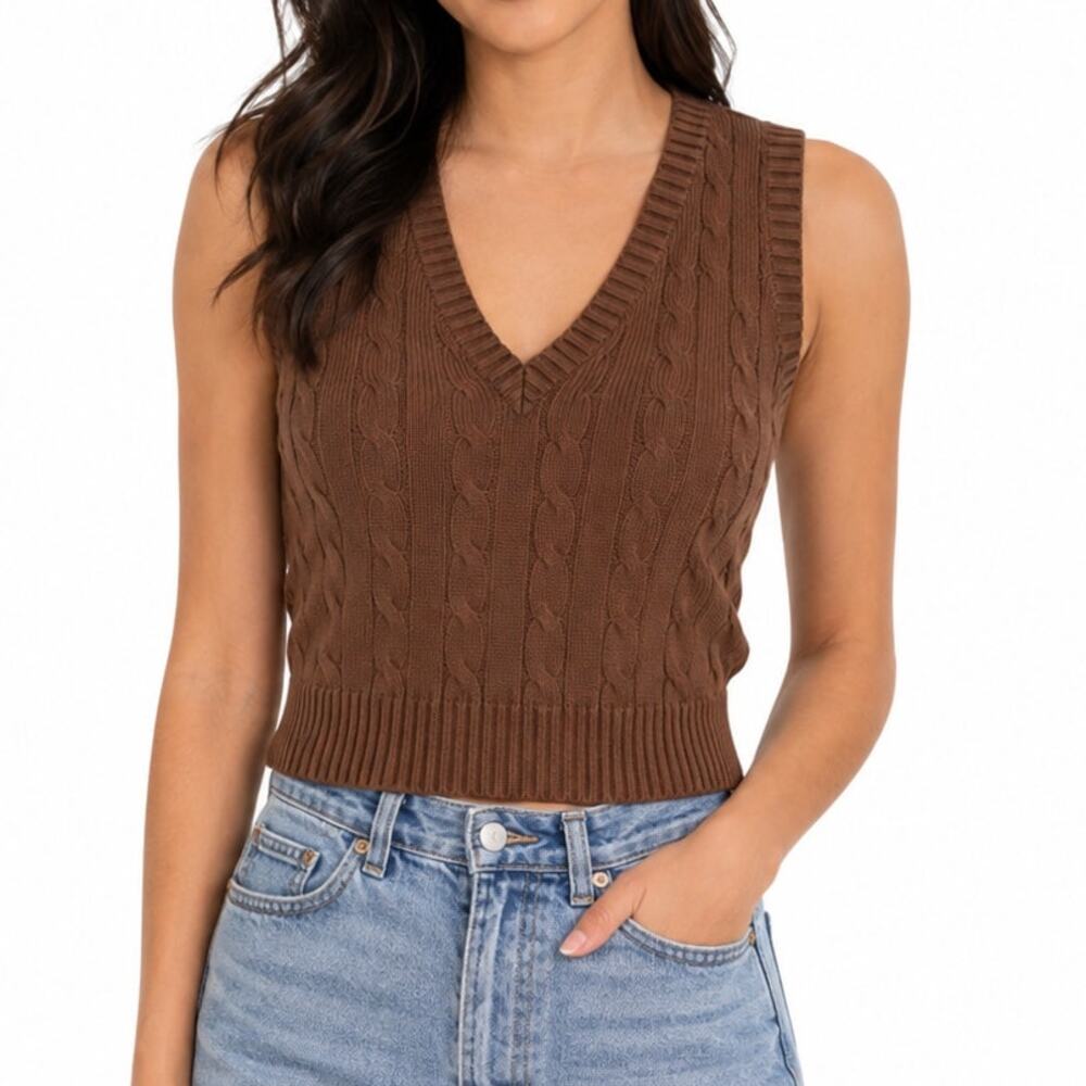 Brandy Melville Brown Cable Knit Sweater Vest V-Neck 100% Cotton One Size Preppy